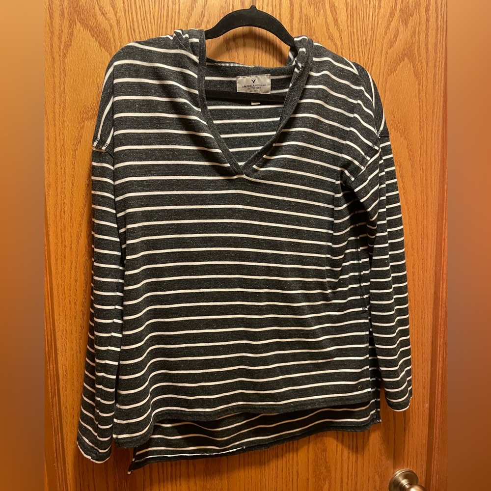 Dark grey and white striped hooded sweater